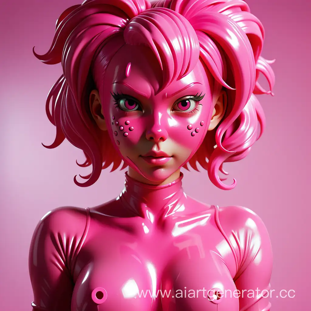 Хуманизация пинкипай в латексную девушку с полностью розовой латексной кожей с розовым латексным лицом с розовыми резиновым волосами 
