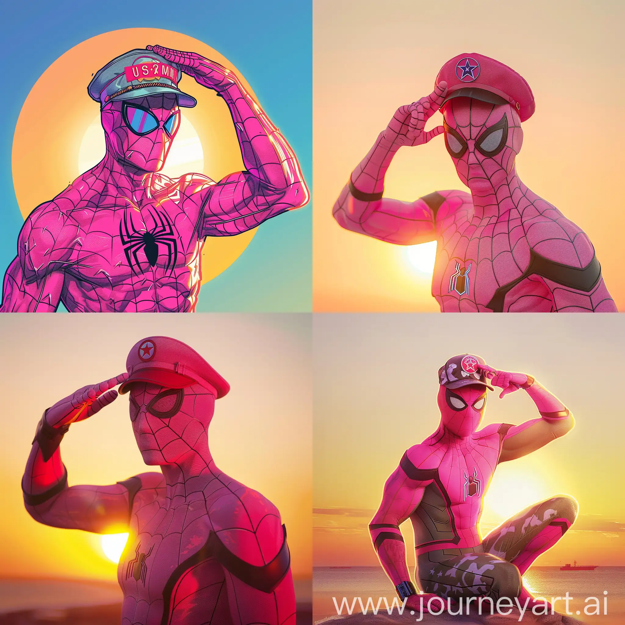 Pink Spider-Man against the background of the setting sun wearing a USSR cap and saluting
