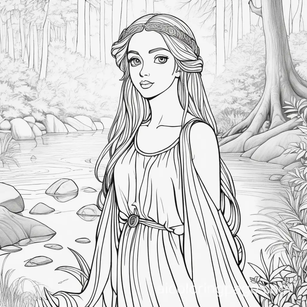 Black and white background. Full-length image. On the background is a forest glade. Tall stature. The eyes are big and expressive, like two deep lakes. The nose is slightly upturned, giving the face tenderness and charm. The lips are slightly puffy and brightly colored. The hair is long, silky, and thick, framing her face like a cascade of golden waterfalls. Wearing an elegant outfit that accentuates her figure and adds chic and charm to her image. Coloring Page, black and white, line art, white background, Simplicity, Ample White Space. The background of the coloring page is plain white to make it easy for young children to color within the lines. The outlines of all the subjects are easy to distinguish, making it simple for kids to color without too much difficulty