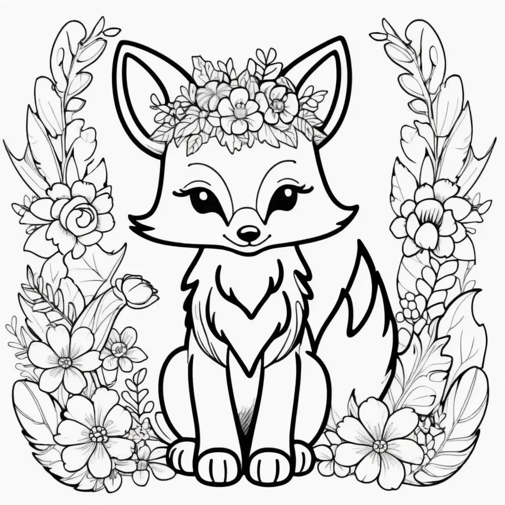 cute 
woodland fox with
 flower crown
 woodland creature coloring page
