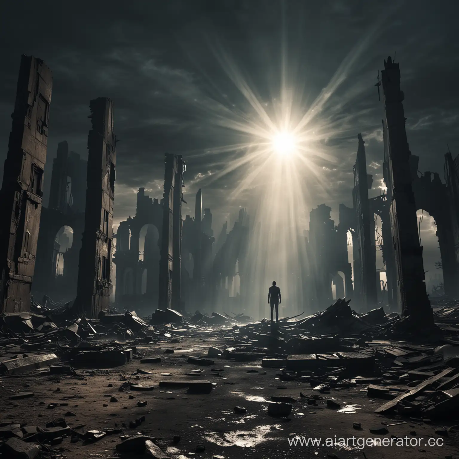 Solitary-Figure-Amidst-Ruins-in-the-Dark-with-Rays-of-Sunlight