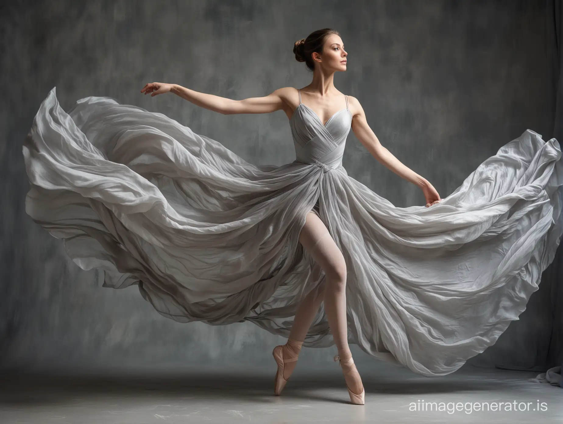 A young beautiful ballerina in a grand jete ballet jump, full length, wearing a long dress, muse of art, surrounded by a large amount of flowing silk fabric of a delicate gray color, the fabric surrounds her from all sides, complex folds, dynamic pose, primary energy, high resolution, fashionable photoshoot, Laocoön, complex lighting