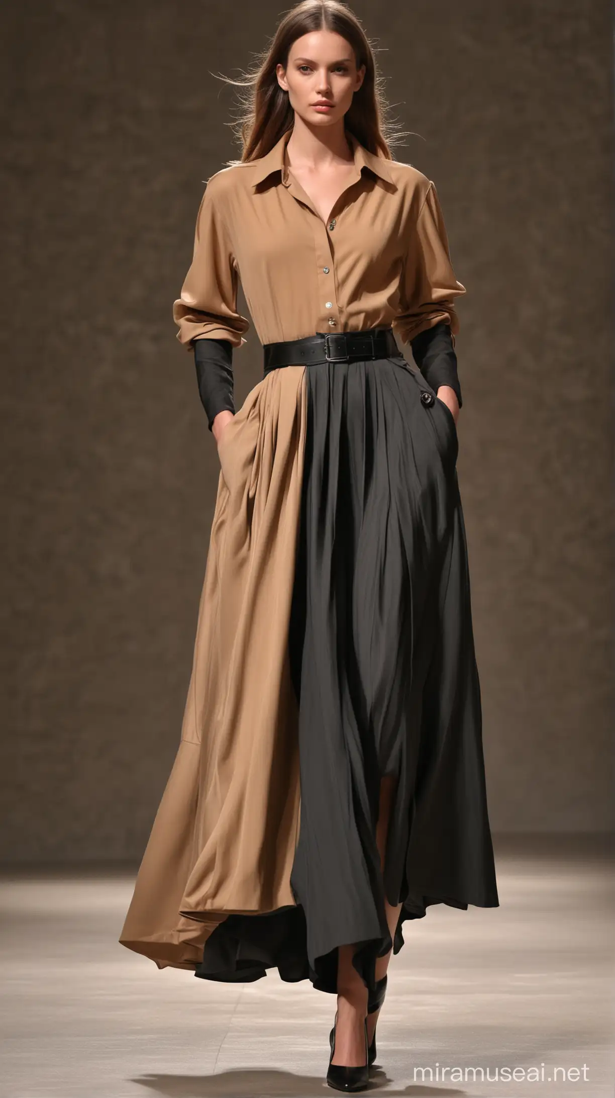 Stunning supermodel runway motion for Montelago brand, front angle, wearing  dress, very long flowy, 2 colors(camel and black charcoal) cupro fabric skirt, hands in the pockets , hyper-realistic, Alexander McQueen style