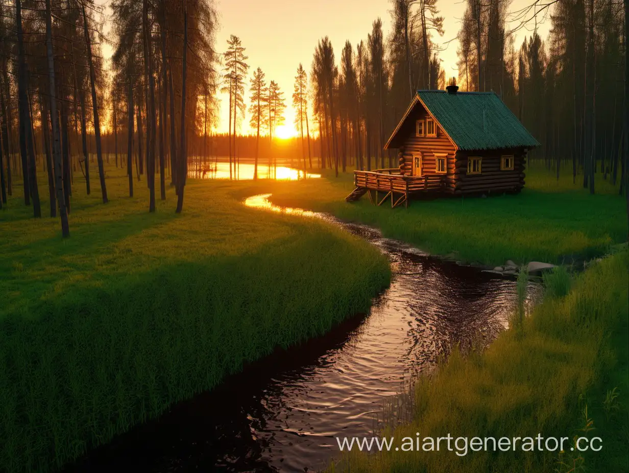 Russian-Forest-Sunset-Streamside-Wooden-House-in-Simpsonesque-Style