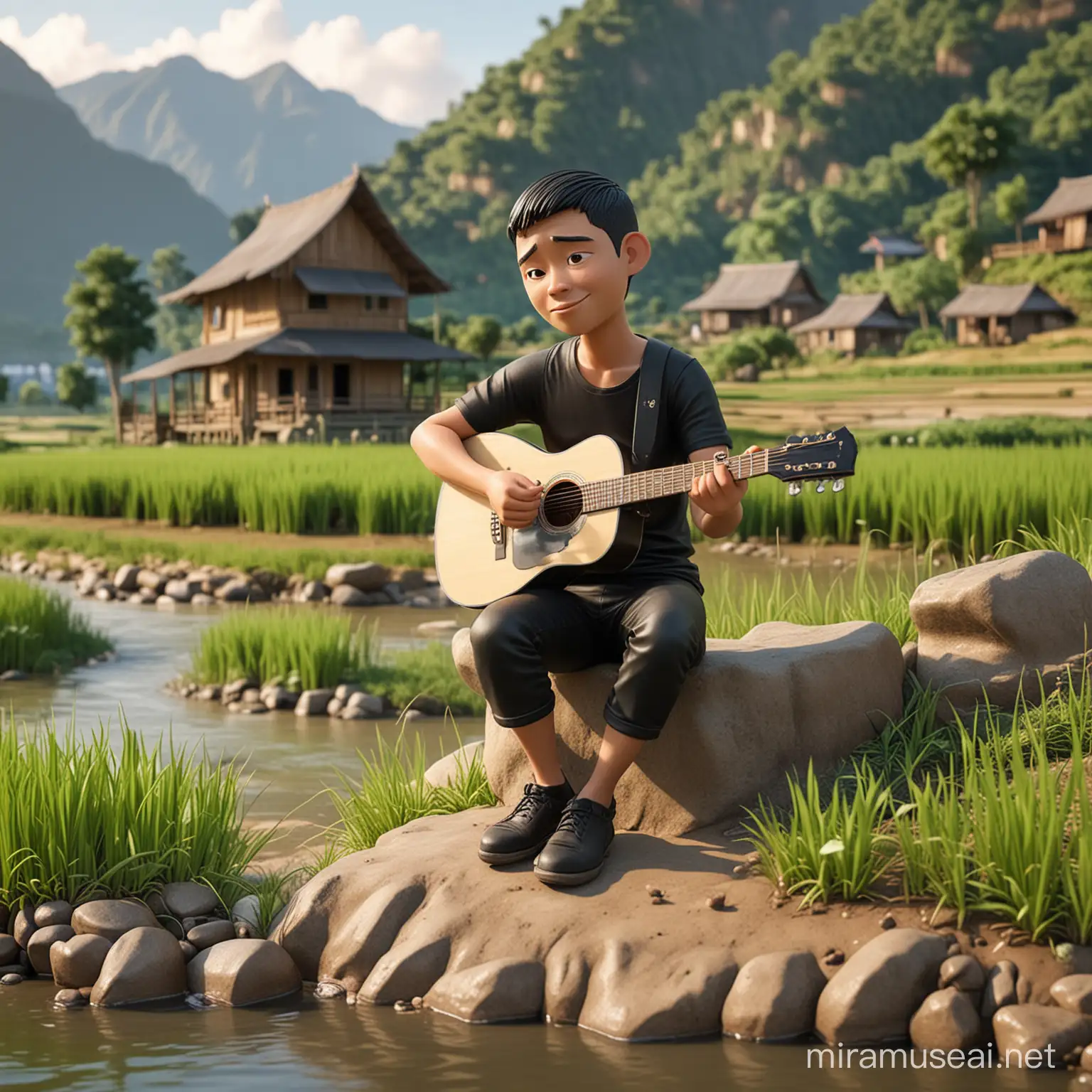  pria sedang duduk main gitar acustik berwajah normal, kaos hitam, potongan cepak, pose polos, badan full suasana alam gunung sawah sungai duduk di eepan rumah sungai, karakter karikatur miniatur 3D