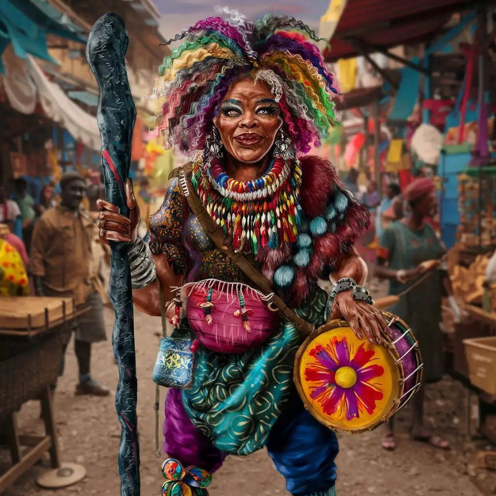 Eccentric MiddleAged African Woman Embracing Colorful Creativity