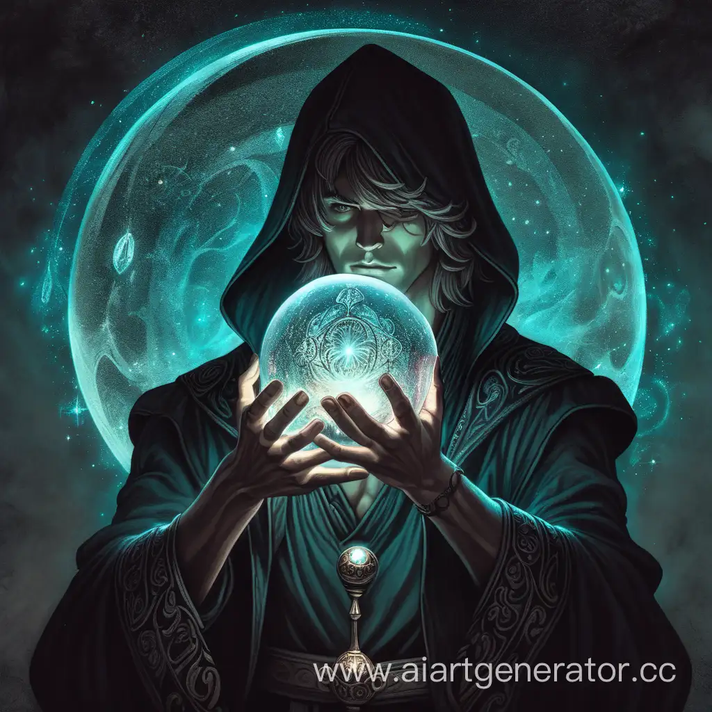 A drawn guy in dark tones in a magical fantasy theme, holding a sphere close to his face