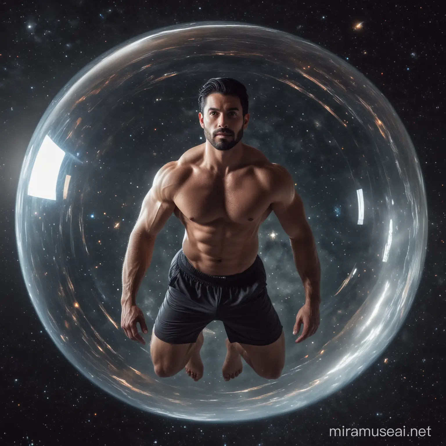 a man in his 30s, beardless, black hair, handsome, athletic body, floating in a sphere, in space