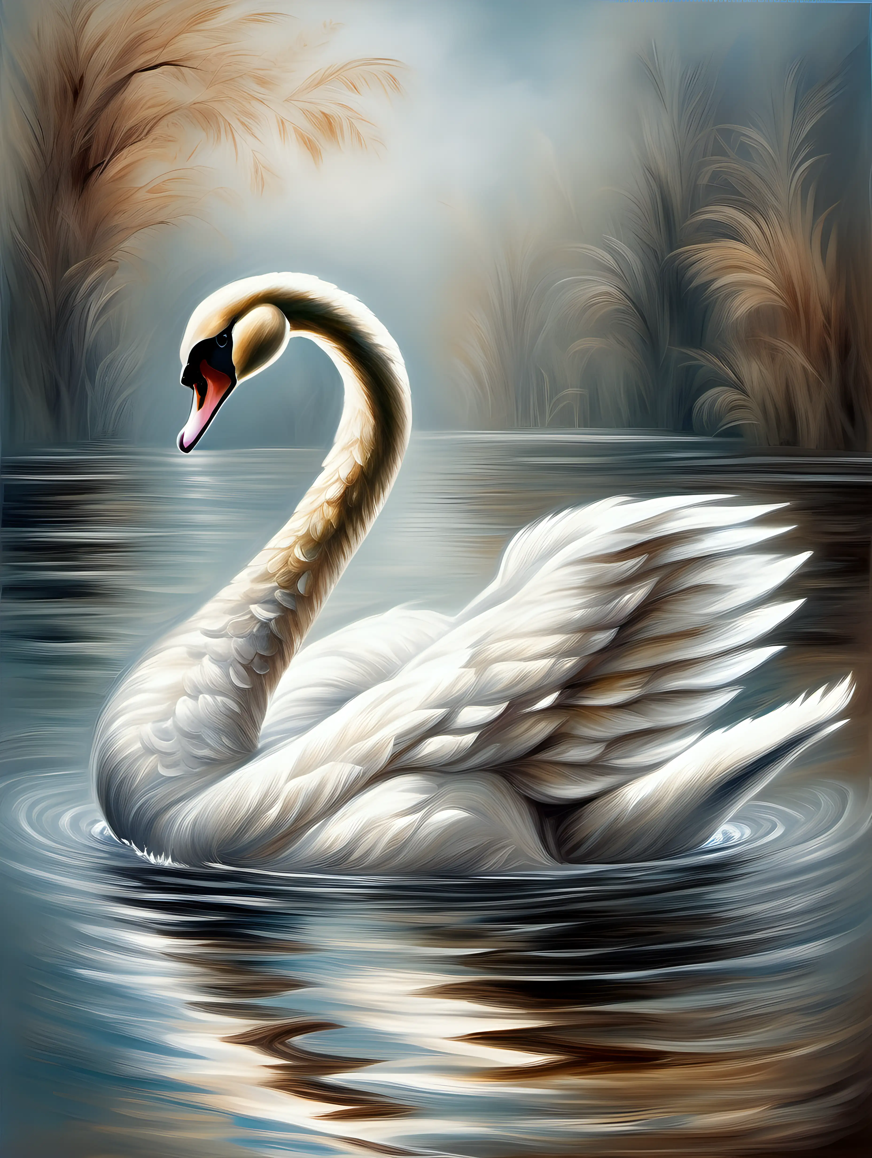 Baroque Swan Swimming on a Lake Elegant Oil Painting in Dusty Colors