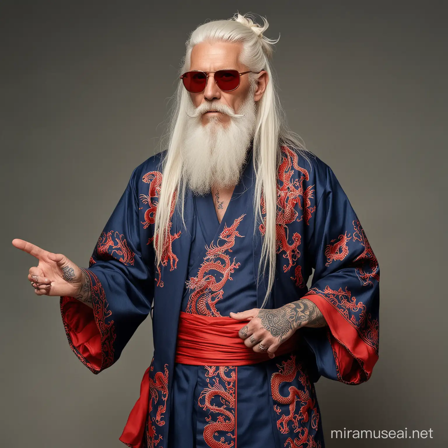 Old west preacher's with long white hair, long white beard, red sunglasses, wearing a blue kimono with red dragon embroidery and red silk boxers. Bare torso covered in tattoos.