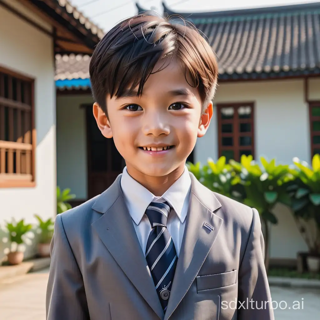 a 7 years old boy in grey suit with tie school uniform, with Cha Euo-Woo face, smart looking, smile, he standing front of a beautiful independent house