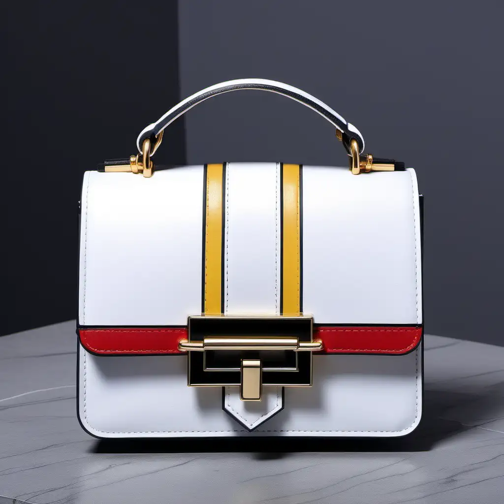 Mondrian inspired mini luxury leather bag  - flap and gold metal buckle - frontal view
