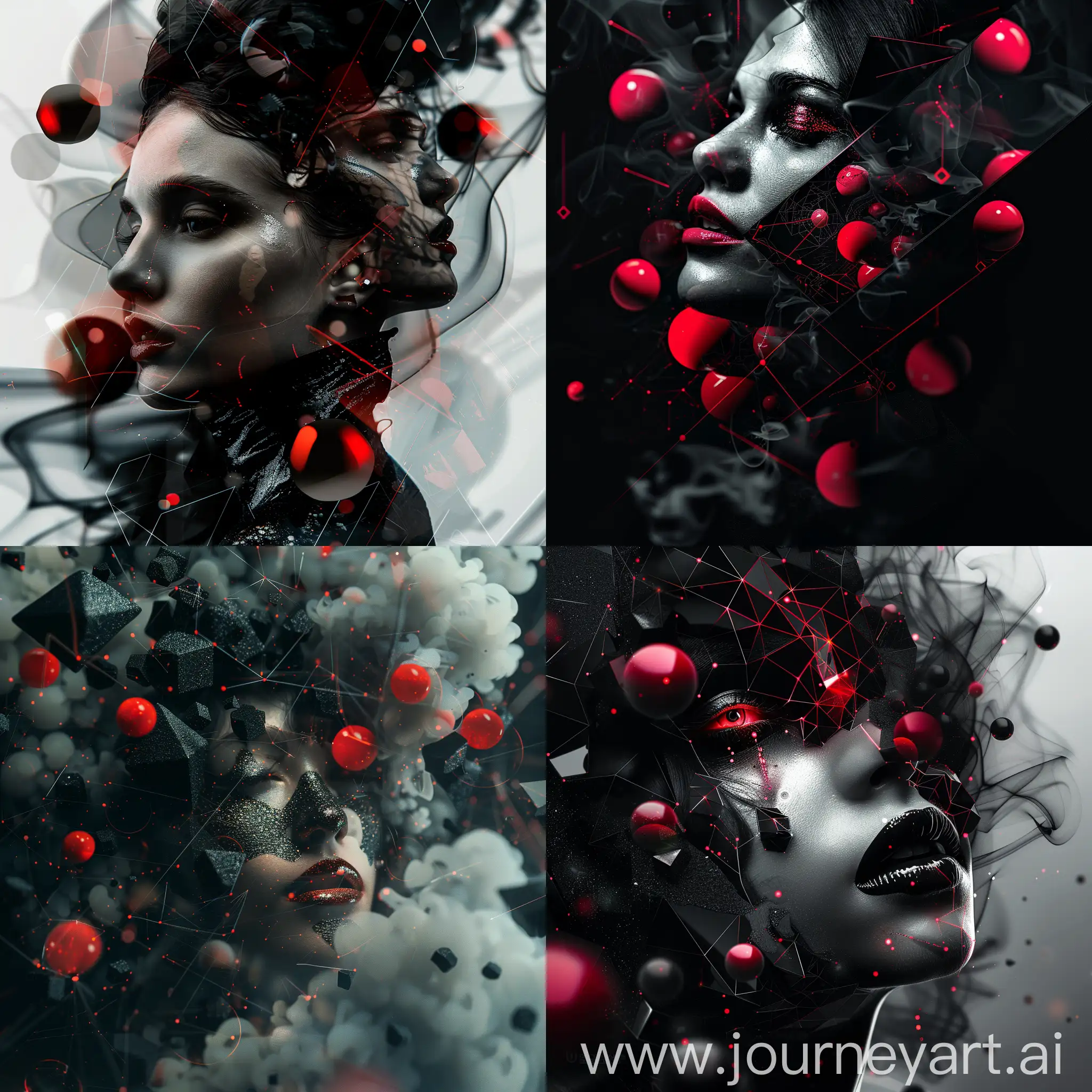 Intricate abstraction of geometric elements, black gloss, scarlet balls and the face of a beautiful girl, fractal of smoke and light, holography, long exposure, double exposure, motion blur, glitch effect, traces of movement, UV lighting, DoF, double exposure, modern, macro, ICM, 128k