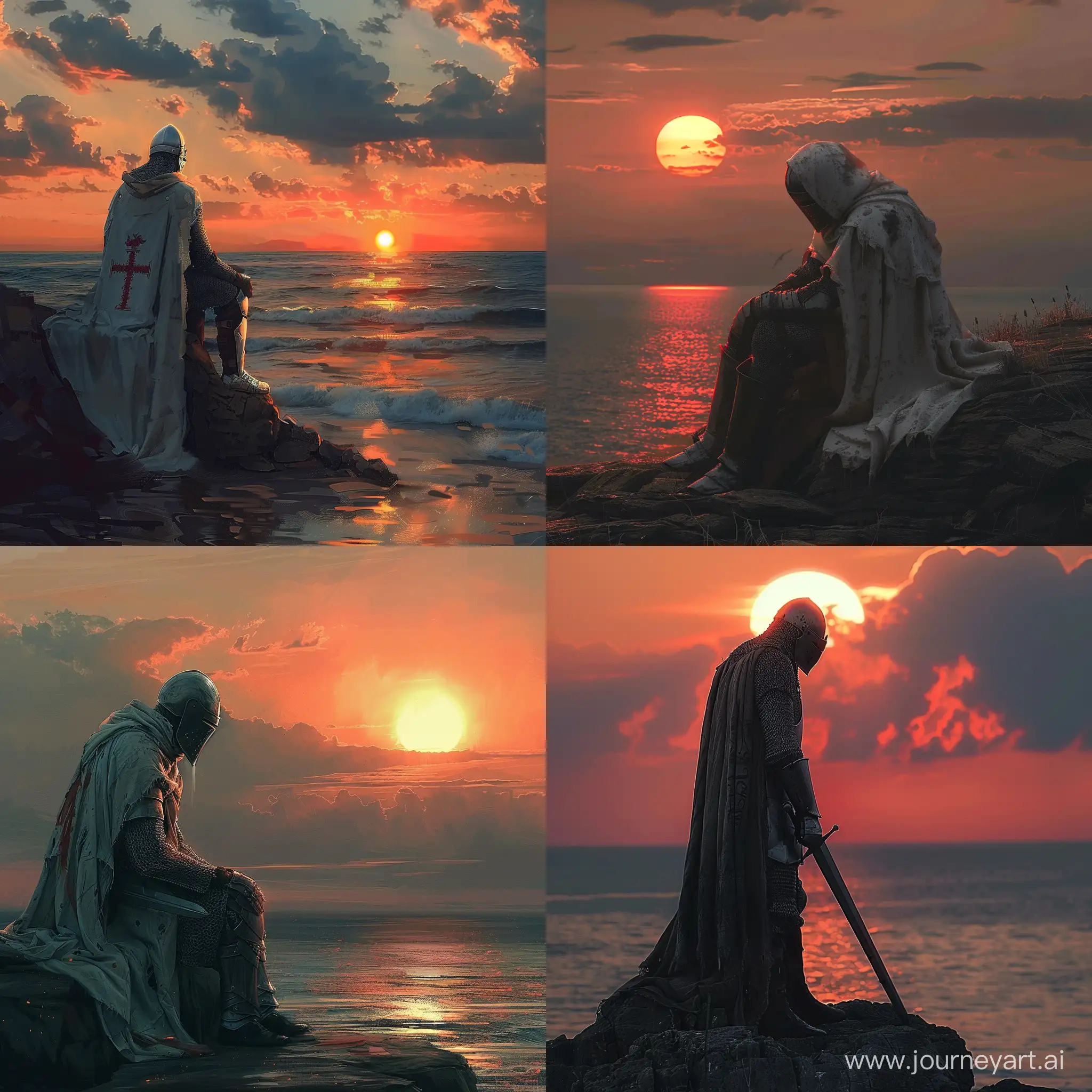 Knight-Crusader-Reflecting-in-Sunset-by-the-Sea-with-a-Touch-of-Sadness