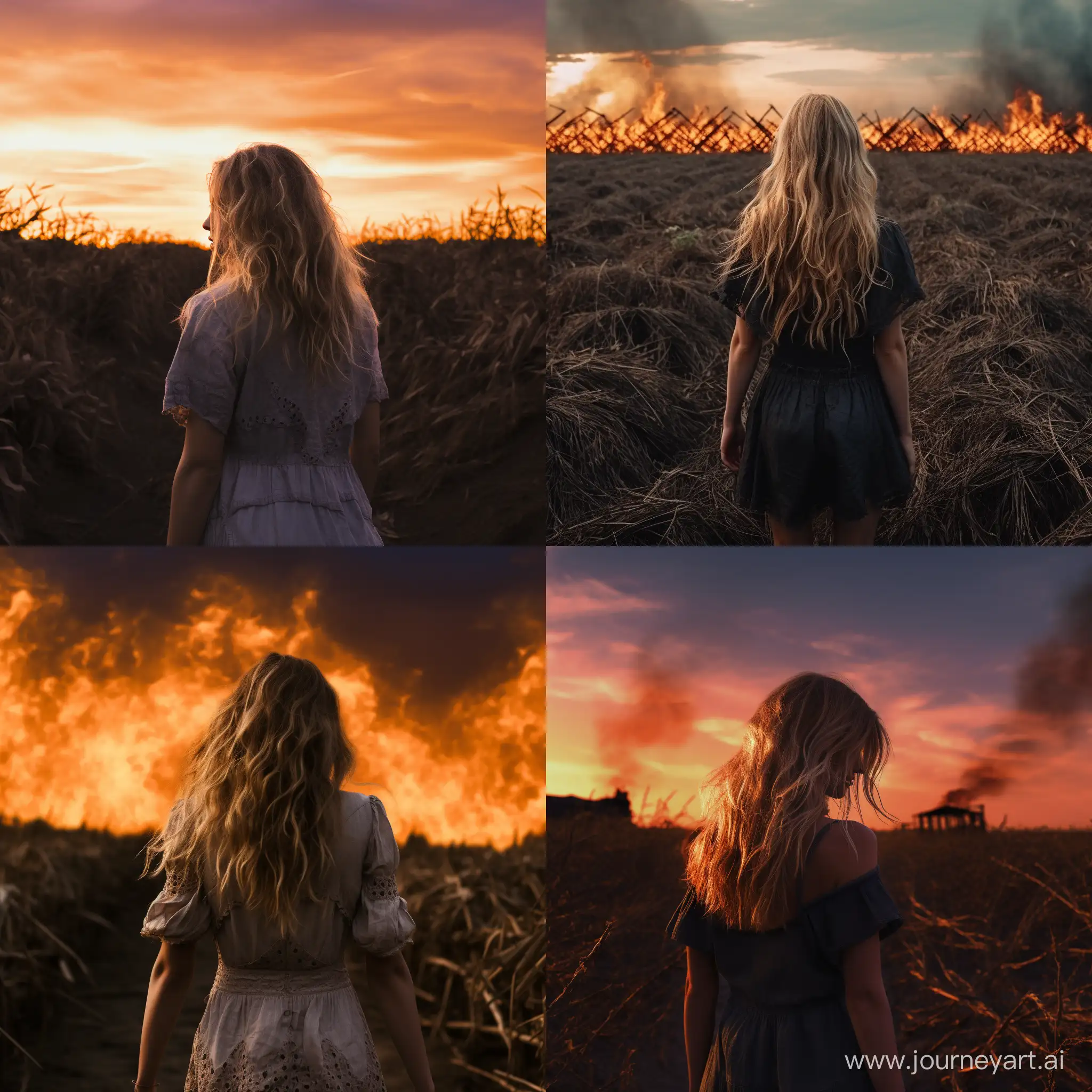 Девушка с блондинистыми волосами стоит около  поля  , которое горит , она сморит на горящие поле 