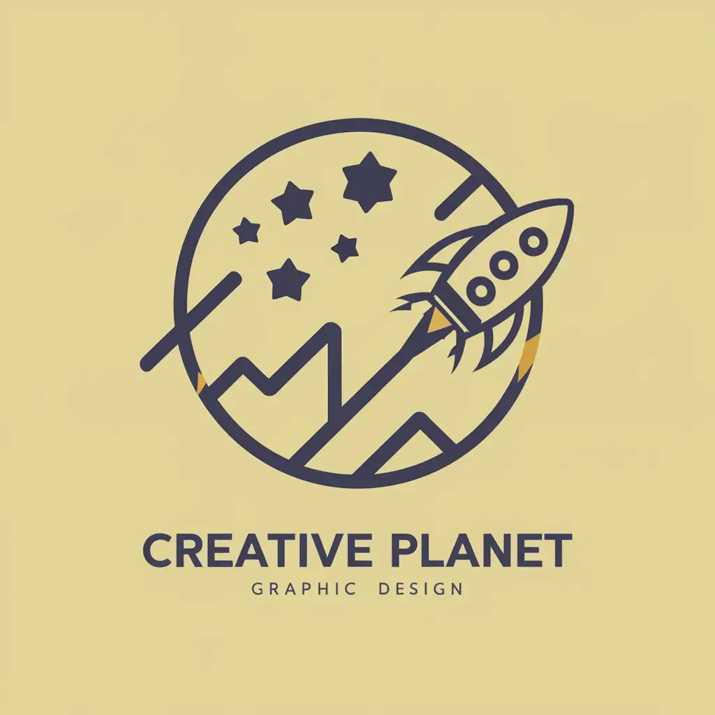 logo, circle logo containing stars, PlAnet, and rocket for my graphic design brand, vector, minimalistic, flat, modern, with the text "Creative Planet", typography, be used in Technology industry