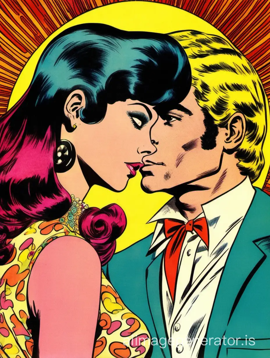 Cover art from a 1960s psychedelic groovy romance comic book, portrait 3:4 aspect ratio, no text or logo