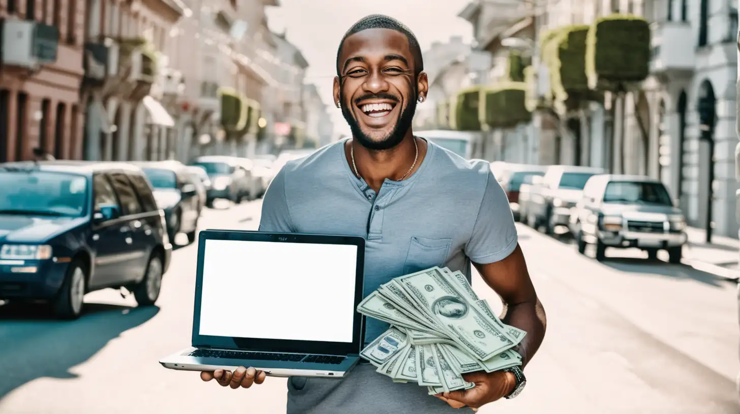 happy man holding a computer and a stack of cash money standing on the street. show his full body






