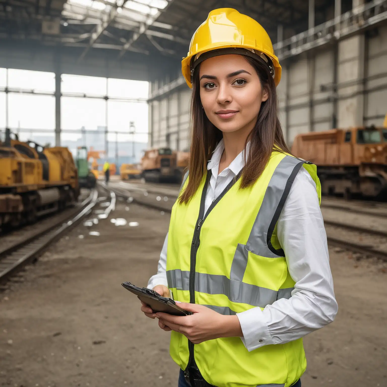 Female engineer holding track pad,wearing hard hat and yellow green vest,inside industrial background,