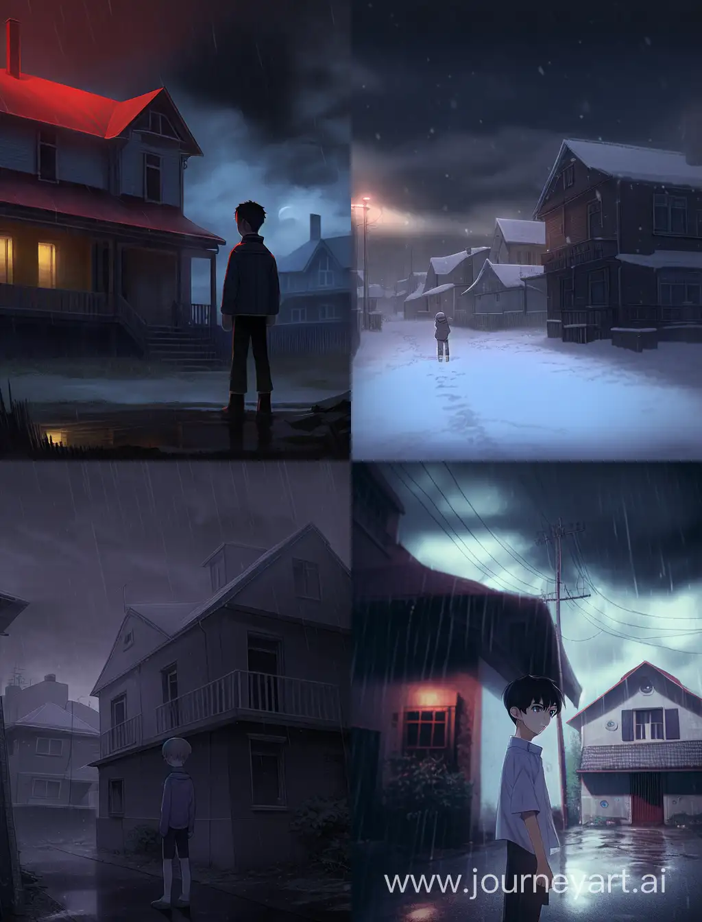 the boy 12 years old, anime style, on the left and right are Russian gigh houses like in the Soviet Union, standing back, anime, very dark sky, high-detailed, rain and snow, sad atmosphere.