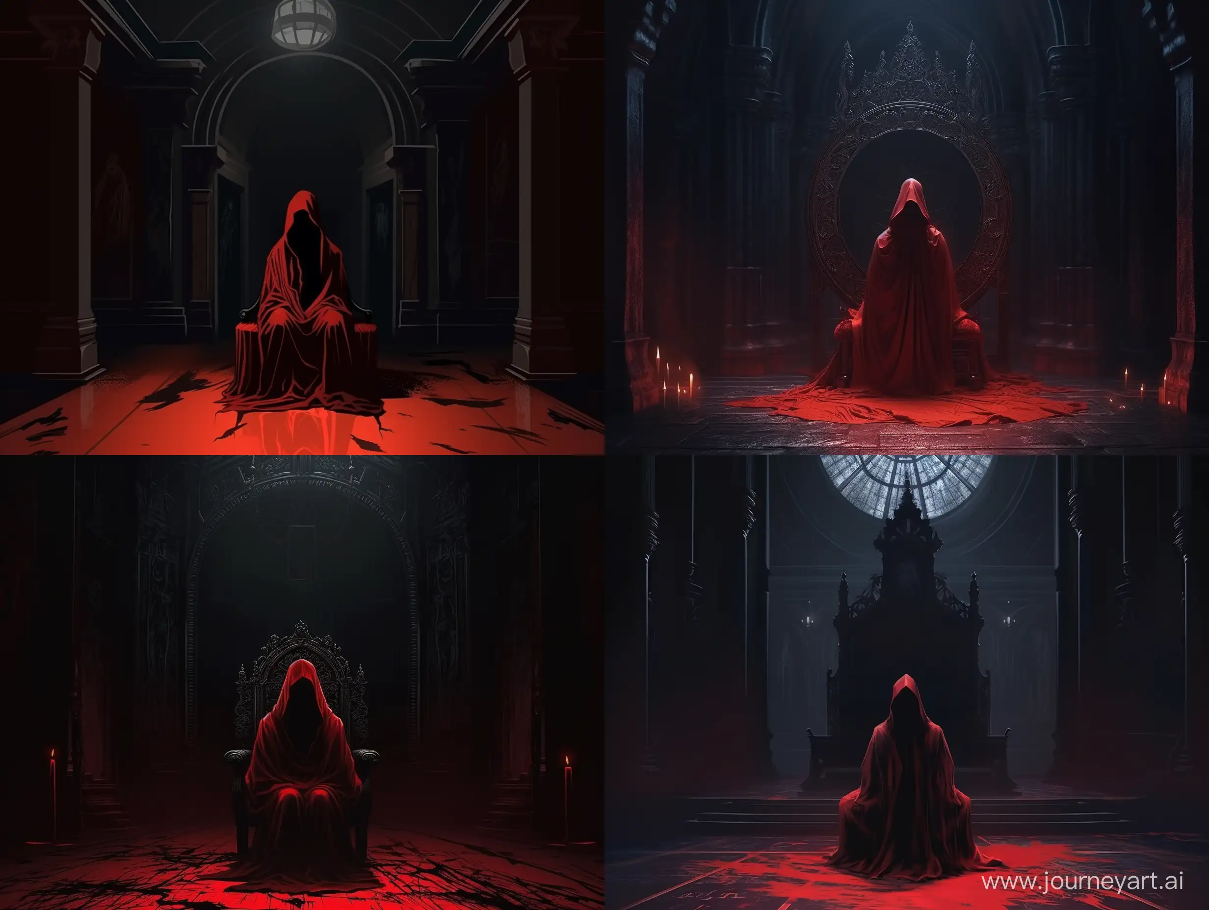 Illustration like a fairytale of someone in a red cloak with a hood sits on a throne in an empty dark hall without windows