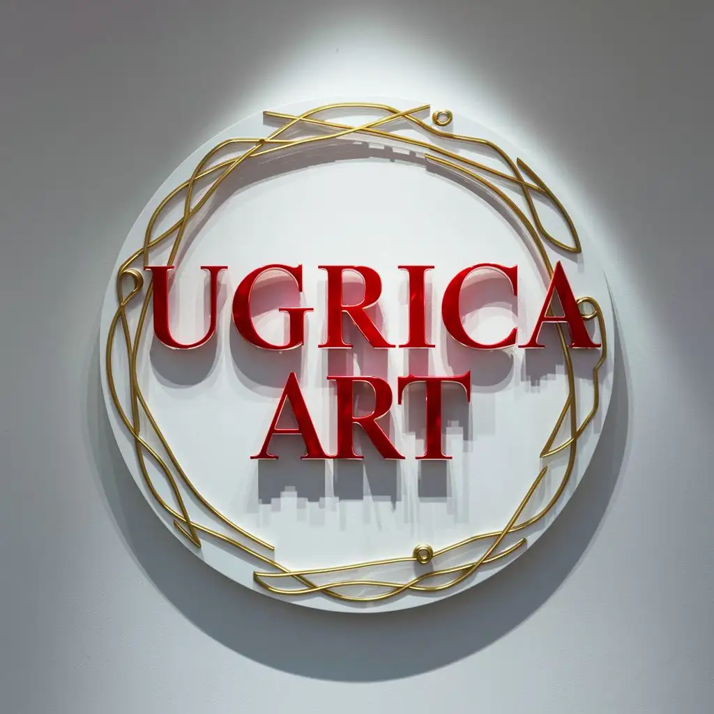 Circular UGRICA ART Logo with Red Gold Letters and Artistic Motif