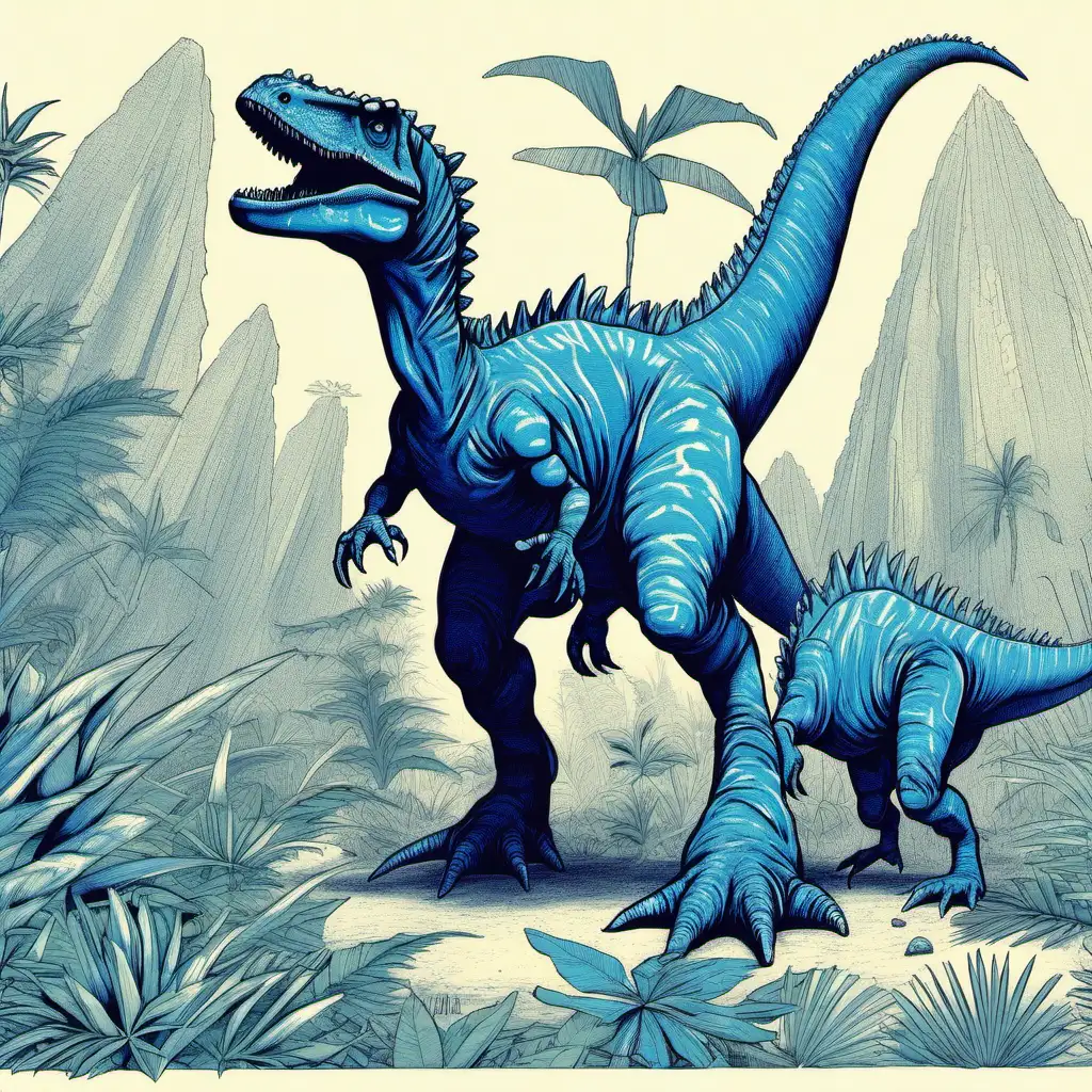 Innovative HandPrinted Tall and Graceful Blue Stegosaurids Dinosaur Art