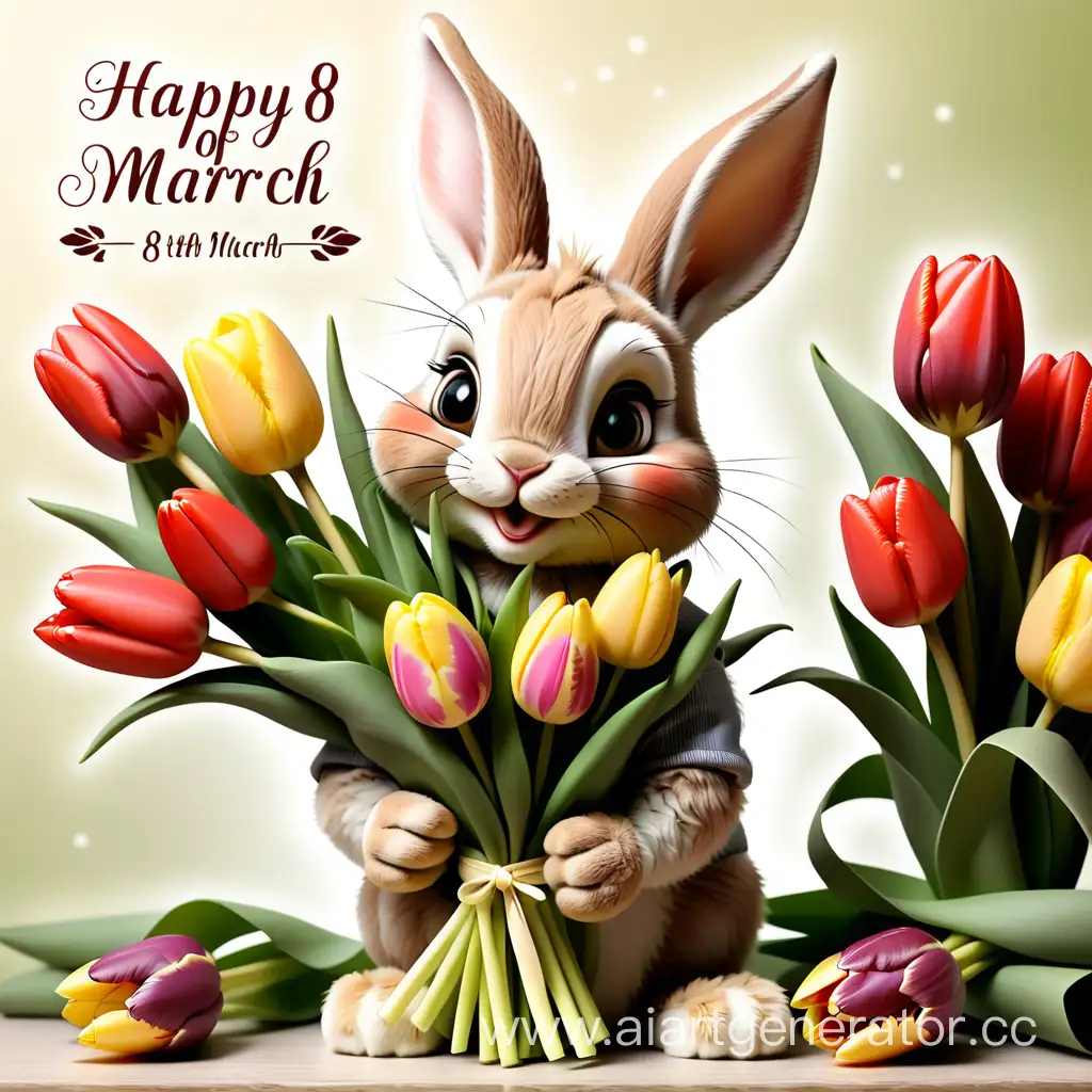 Красивый маленький кролик дарит букет тюльпанов и надпись на изображении "С  8 Марта"
