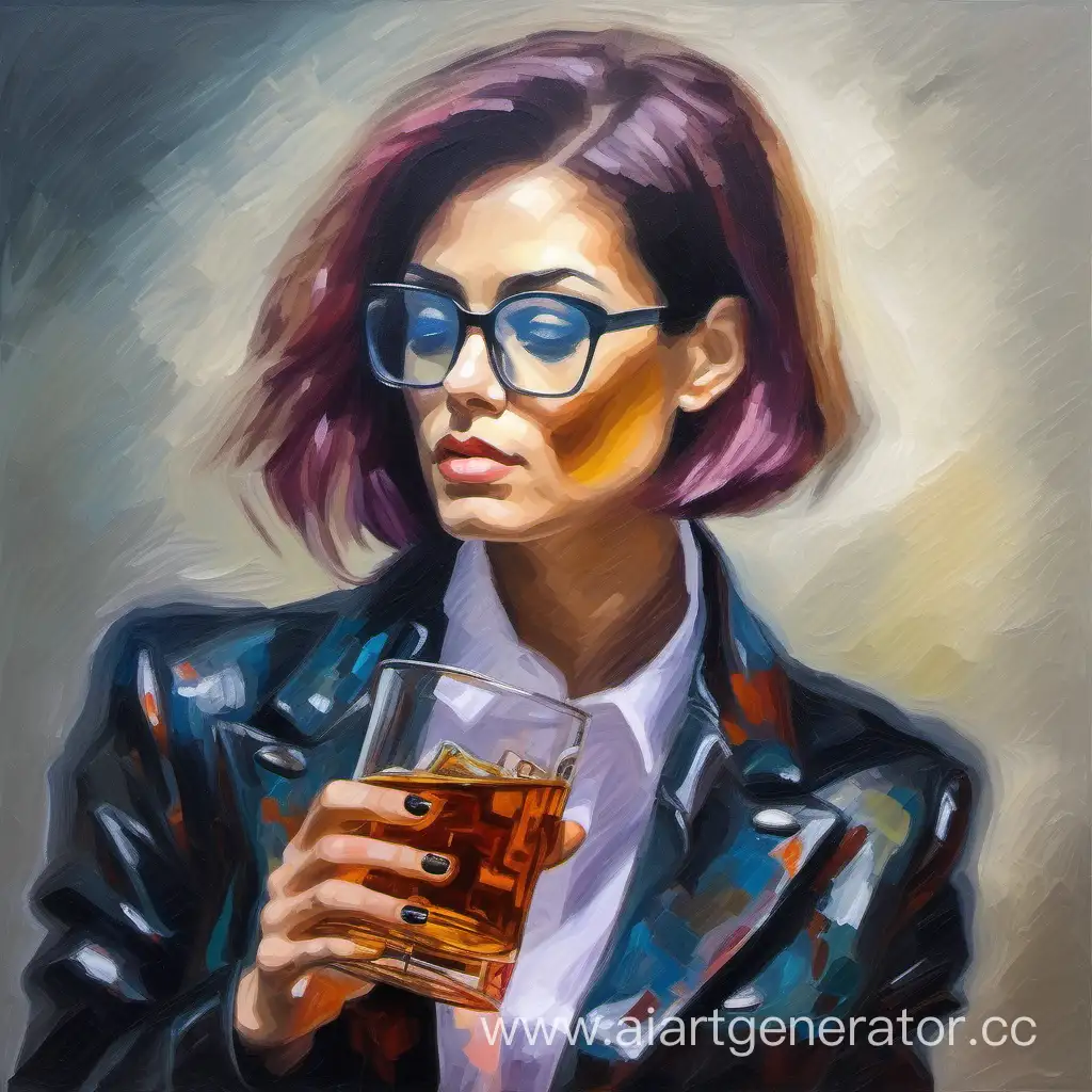 Картина маслом где женщина одетая в пиджак с мужской стрижкой в очках пьет виски в стиле импрессионизм