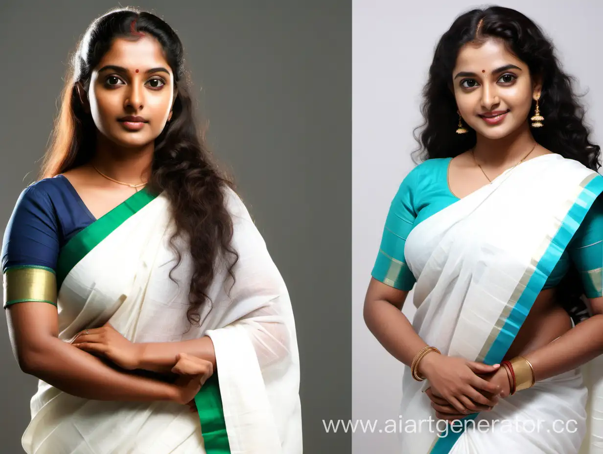 2 body images of A young kerala woman who looks like malayalam movie actress Maala Parvathy. The woman is wearing a white saree and posing. The woman has very long hair. Image has light background.