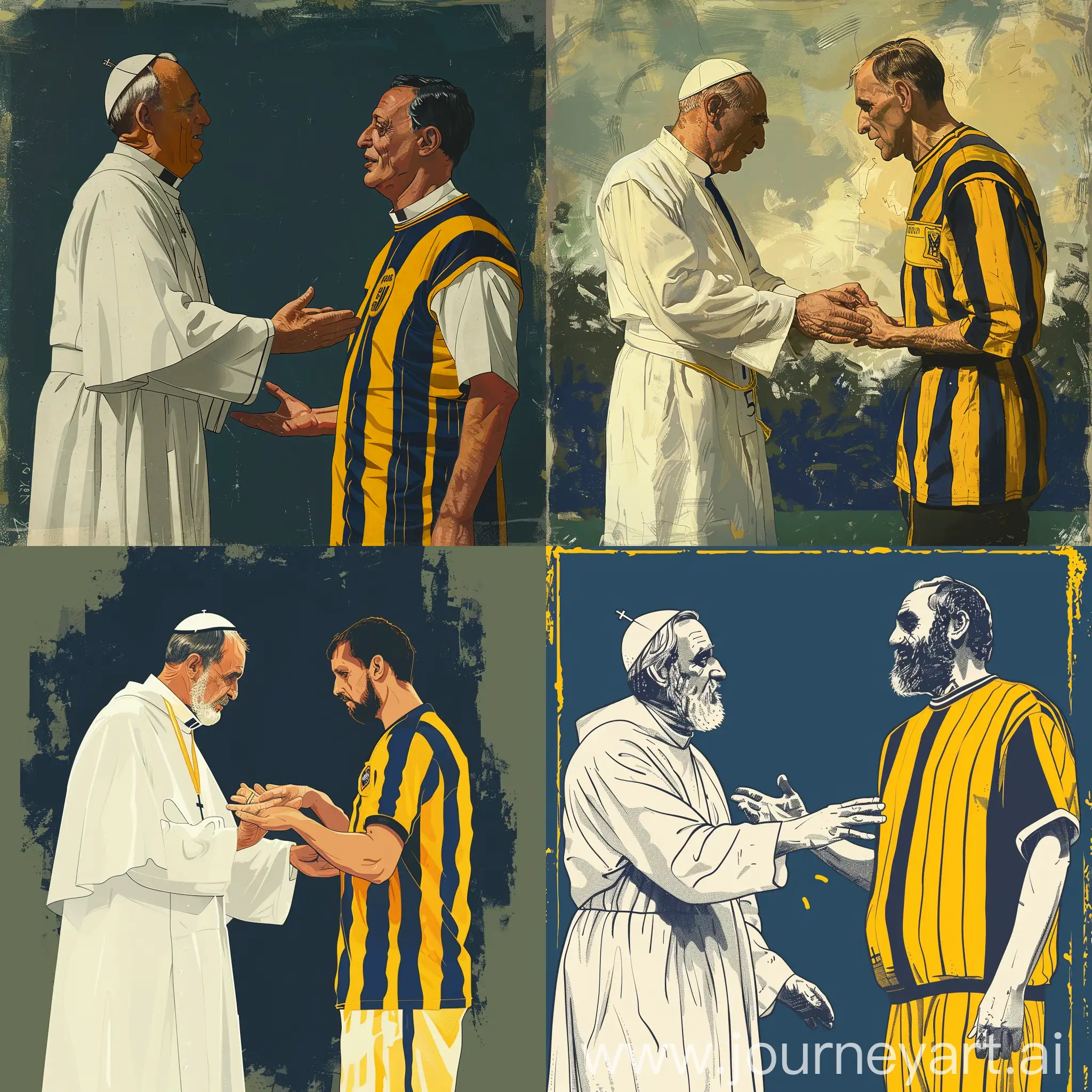 A clergyman in white clothes gives a Conspiracy to a man in a yellow and dark blue striped jersey, unit of measurement, illustration poster picture with yellow and dark blue theme