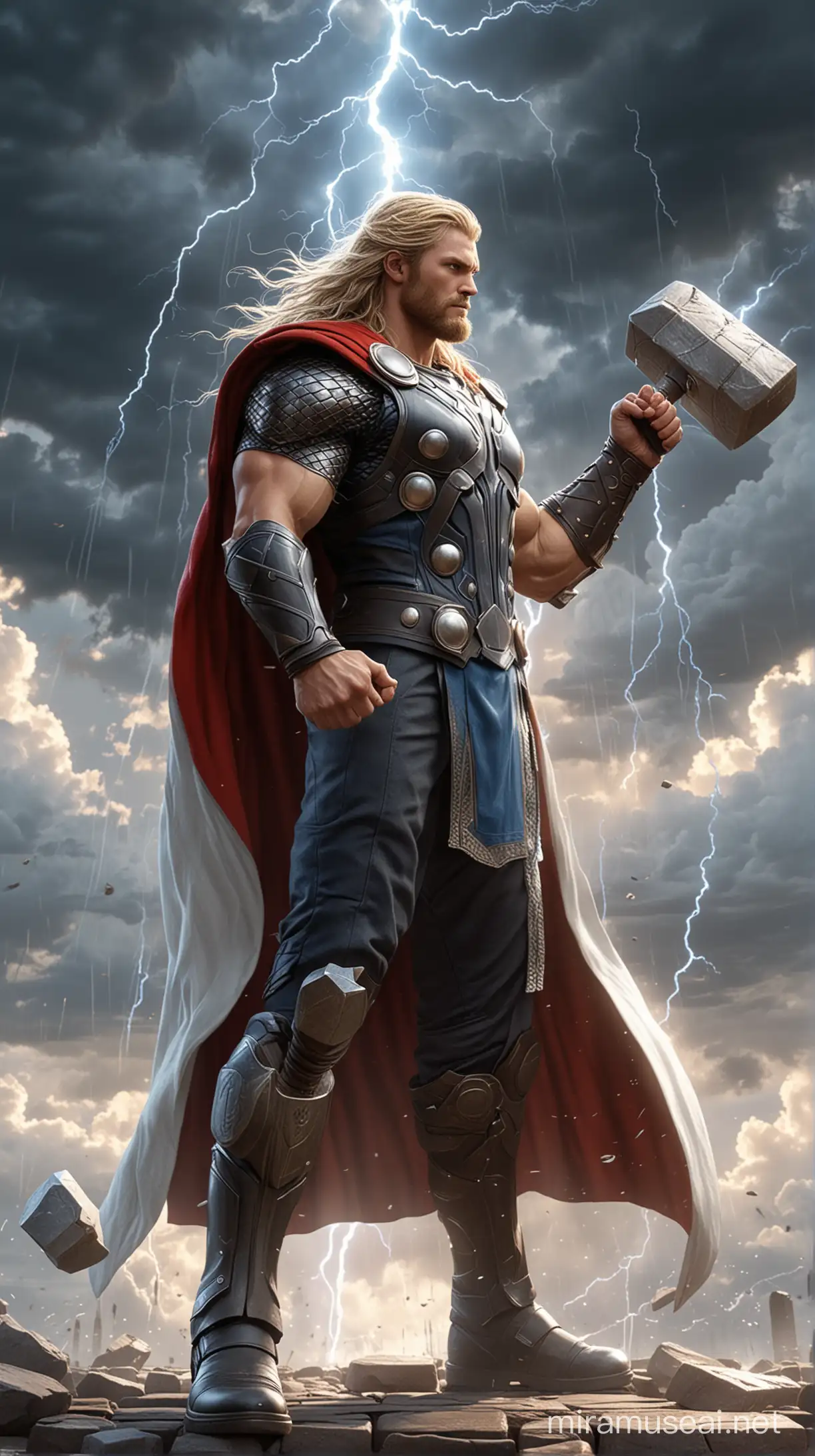Mighty Thor Animation Style Character with Hammer amidst Lightning and Dynamic Clouds