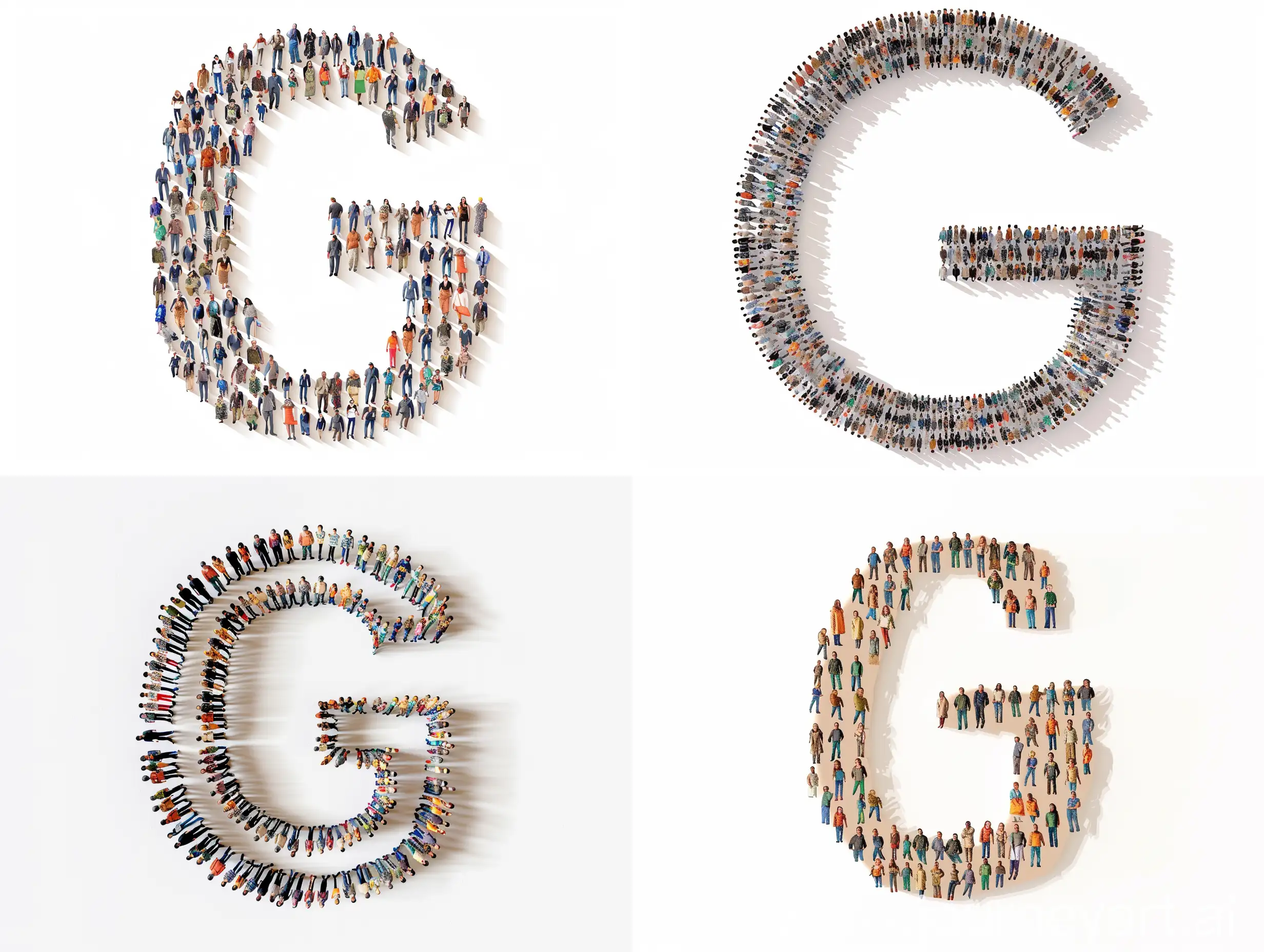 Letra '[ ( G )]'composta por pessoas realistas organizada de forma ordenada em uma única linha, fundo branco