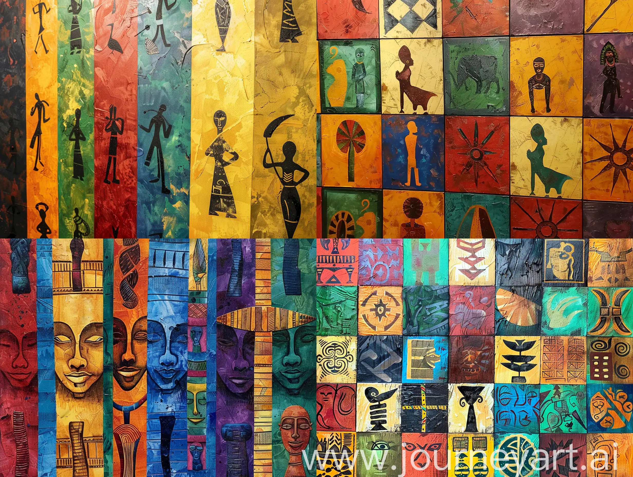 a picture of painting with different colours, depicting African  ancient culture
