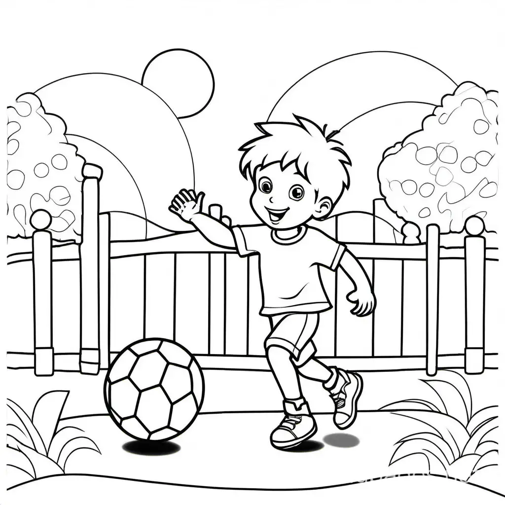 a boy playing with ball, Coloring Page, black and white, line art, white background, Simplicity, Ample White Space. The background of the coloring page is plain white to make it easy for young children to color within the lines. The outlines of all the subjects are easy to distinguish, making it simple for kids to color without too much difficulty