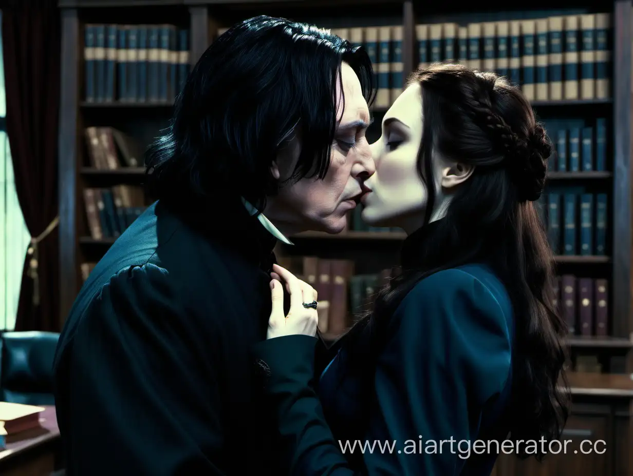 Severus Snape is kissing his girlfriend colleague, she is a defense against the dark arts teacher with brown hair and blue eyes in Severus Snape's office