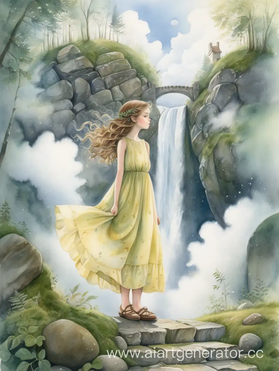 Slavic-Girl-in-Lemon-Dress-Standing-on-Cloud-Over-Forest-and-River