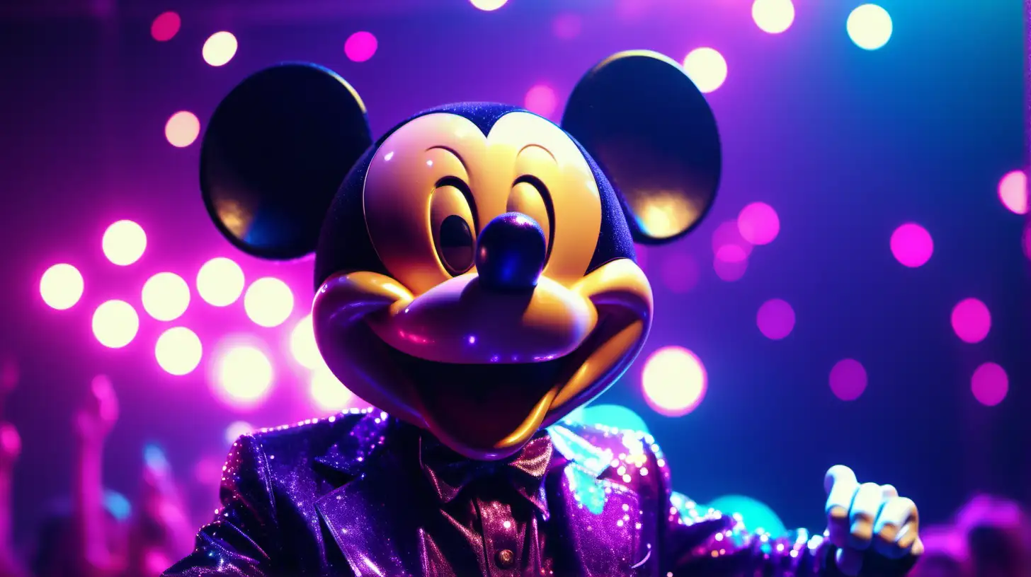 Party portrait of  mickey mouse at a modern crazy party, laughing face, [barva] neon synthwave attire, sparkles and glitter in the environment, Bokeh quality, Blurred background, realistic --style raw --s 300 --ar 9:16 --v 6.0