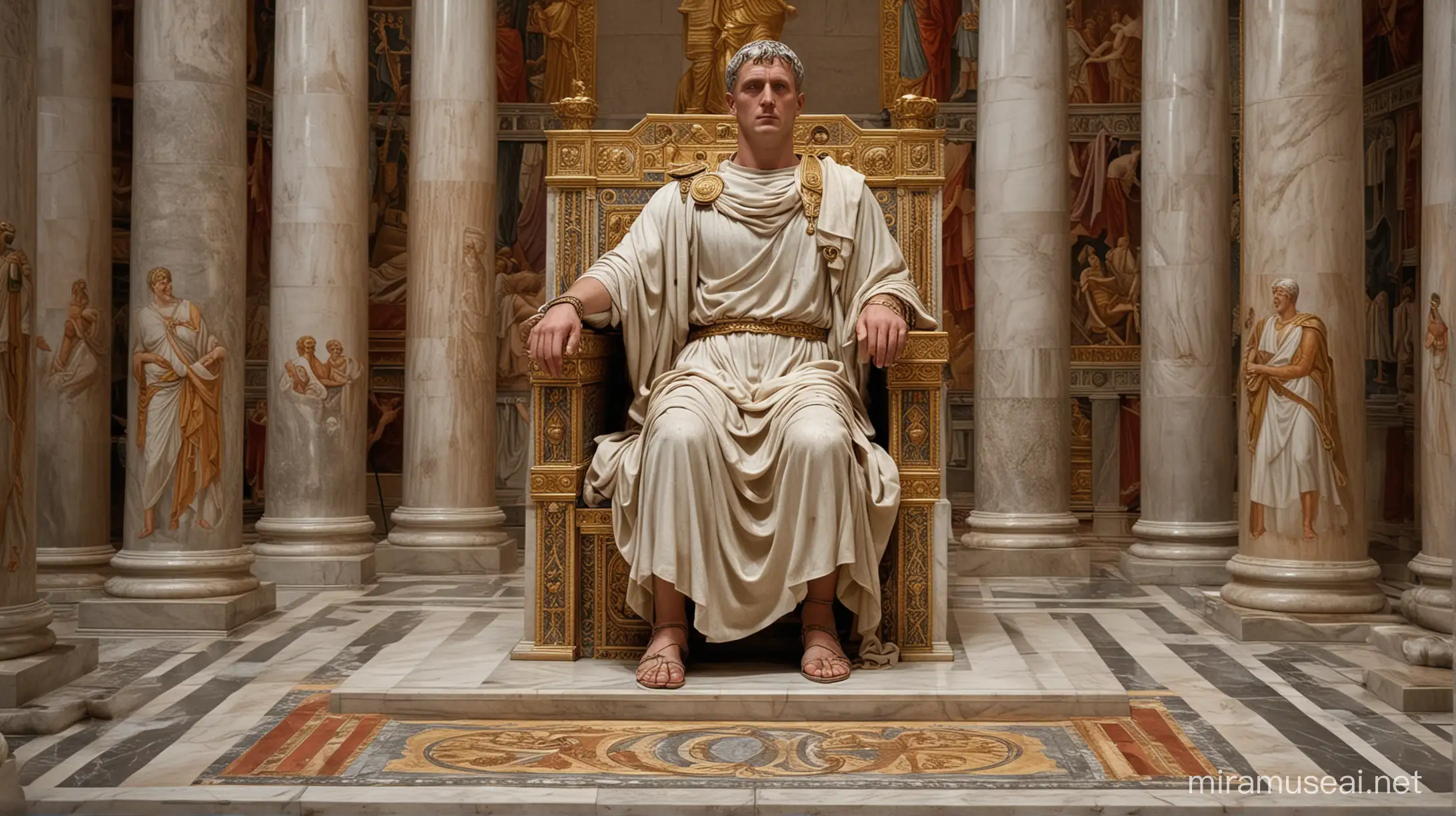 The Roman emperor Trajan, full body, dressed for parade, on the sumptuous throne, reigns. Scene rich in details. The decorations of merit are visible on the emperor's chest. To the left and right of the throne are massive marble columns and the floor is of glossy, shining mosaic
