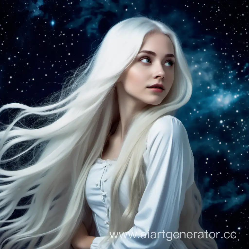 Сказочная девушка с длинными белыми волосами на фоне космоса