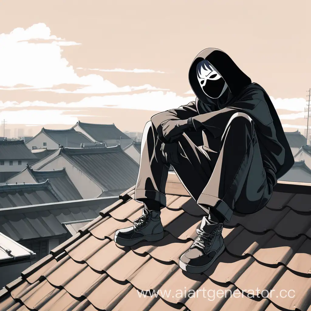 Человек который сидит на крыше в чёрной маске до носа в стиле аниме