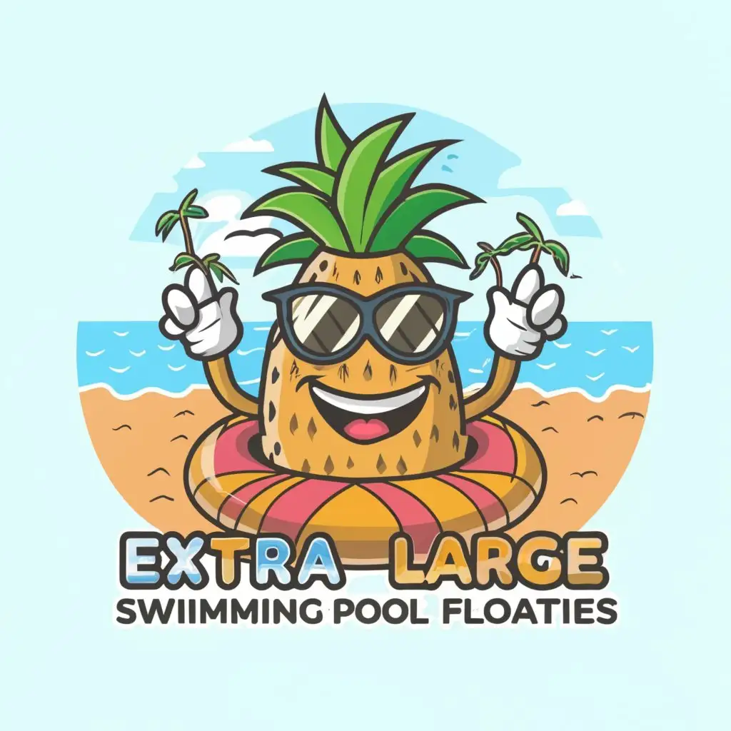 LOGO-Design-For-Extra-Large-Swimming-Pool-Floaties-Cheerful-Pineapple-on-Beach-Background