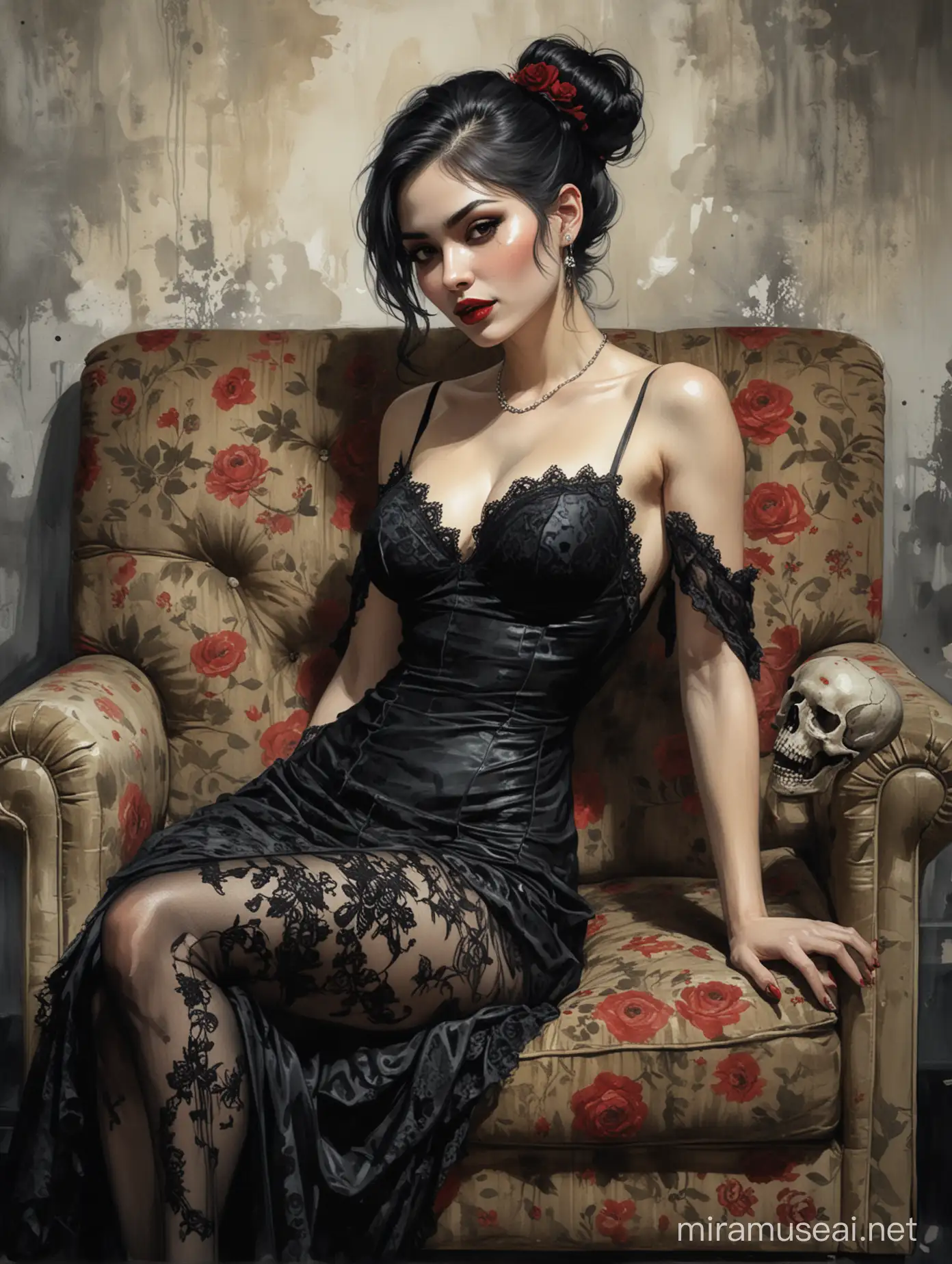 Seductively Alluring Pale Woman in Black Lace Gown on Ragged Couch