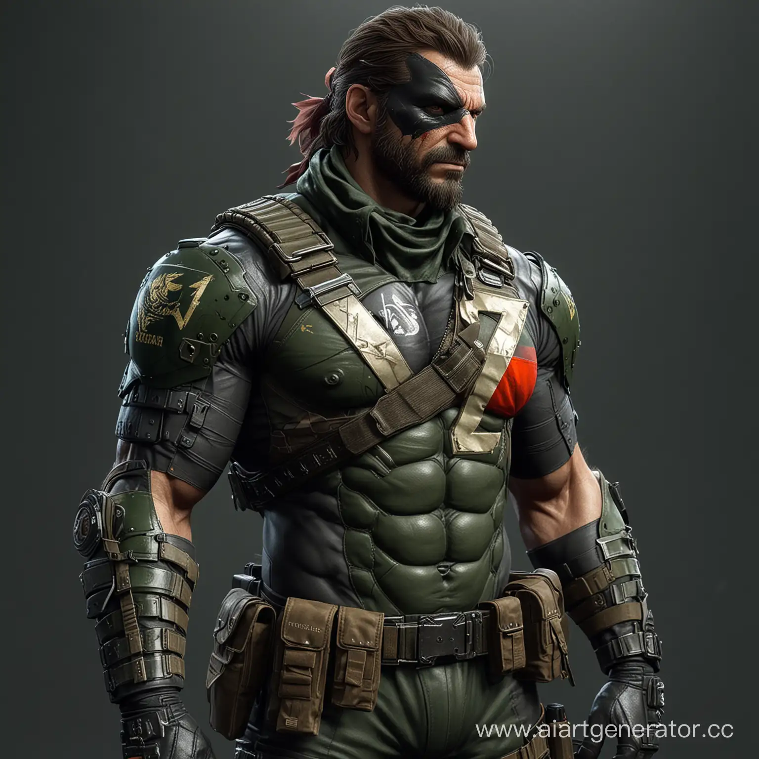 Venom Snake (Big Boss) из Metal Gear Solid V в русском стиле который надет в броне и на плече должен быть буква Z, на груди имеется русский триколор и возле него написанно слово ZOV, вся его униформа в зеленом камуфляже и она должна быть реалистичная