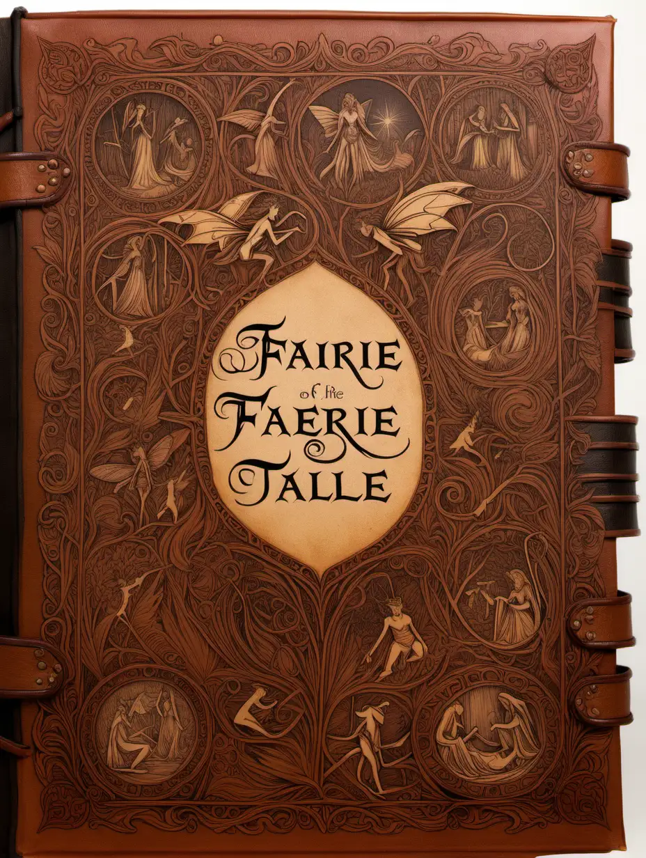 front aligned view of the narrow border of small designs on a blank book covered in leather in the theme "faerie tale"