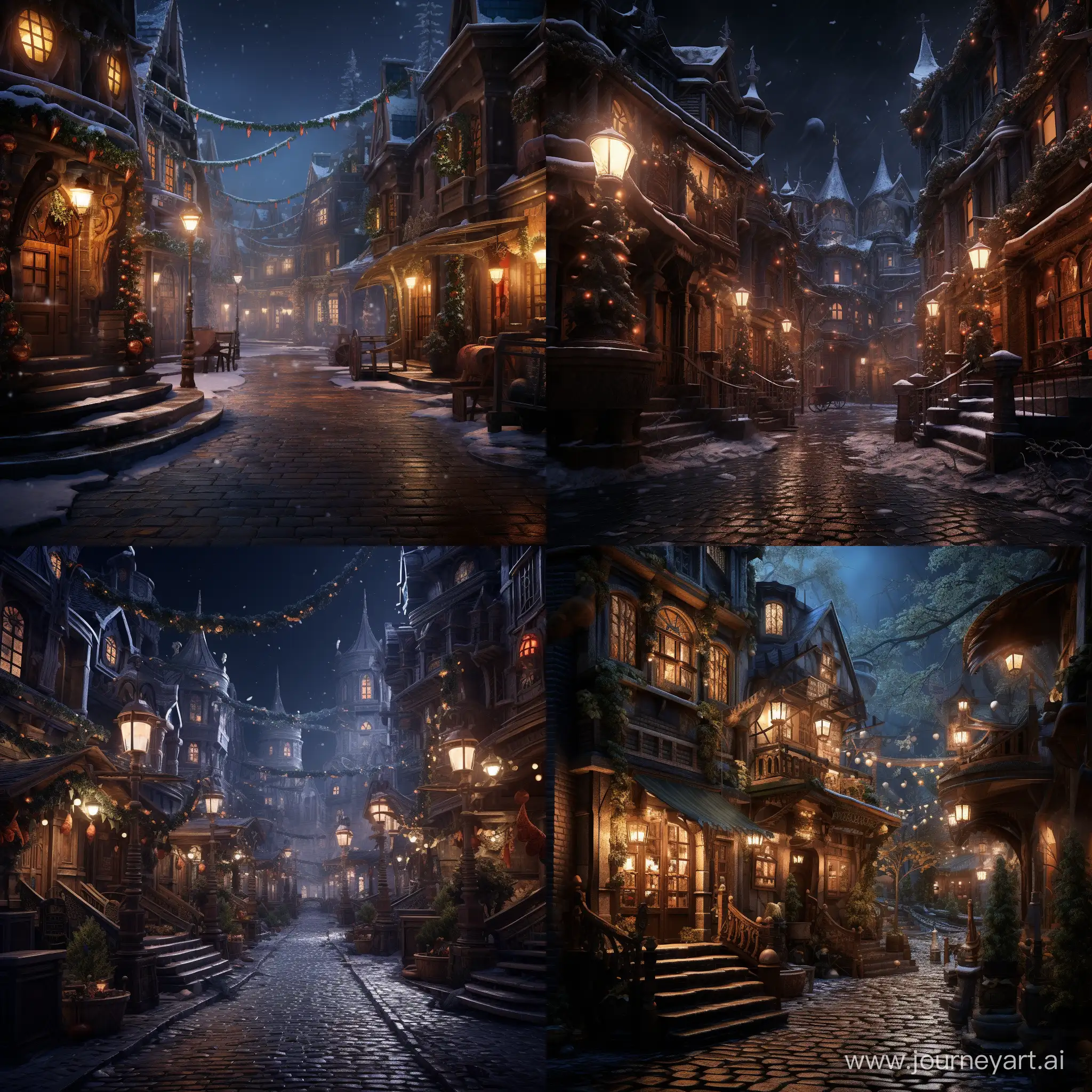 the street of the Christmas fantasy city,the city of elves and dwarves, in the style of the late Middle Ages with pipes and magic, night