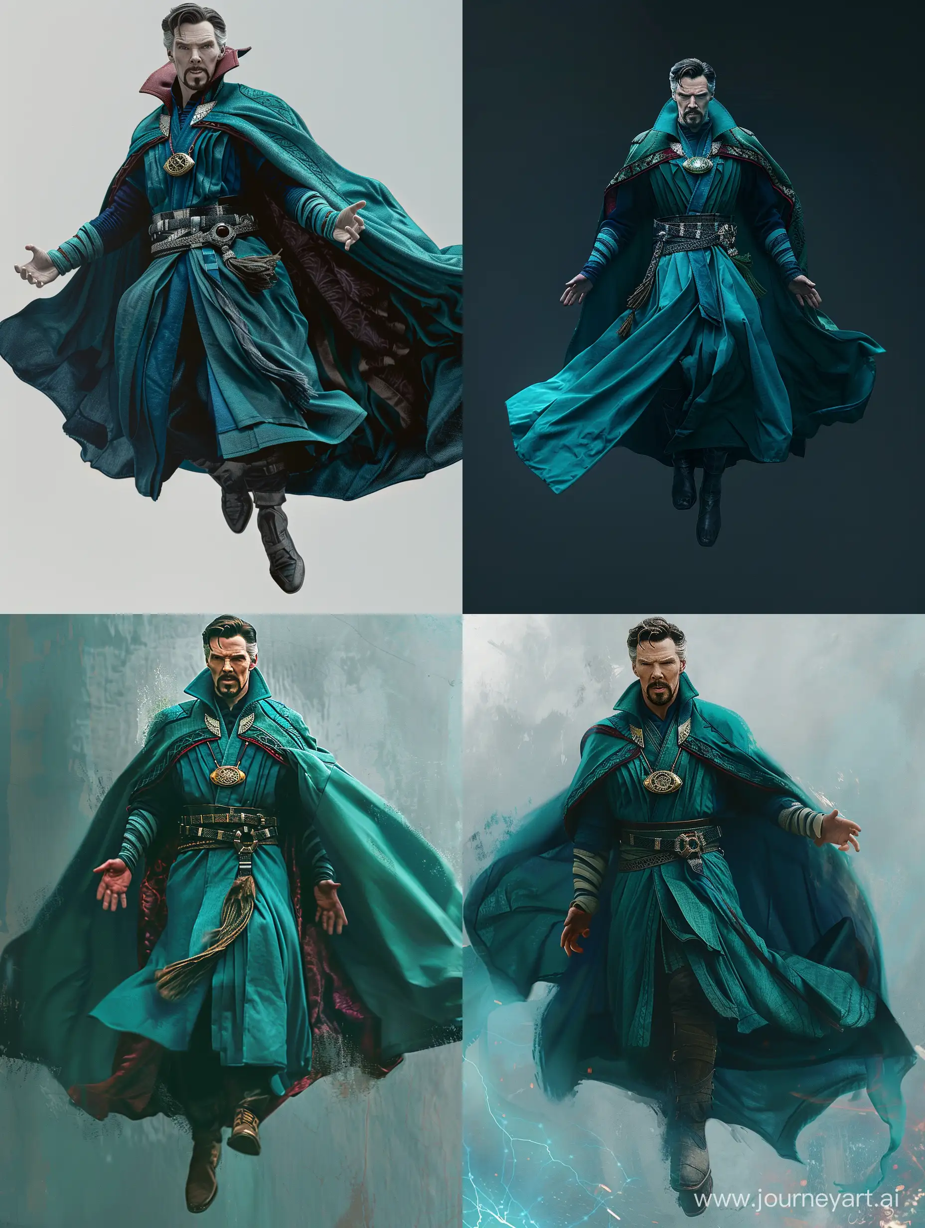 A realistic depiction of a human male that looks like a variant of Dr. Strange from Marvel Comics with a teal cape, floating, casting magic.  full body. ultra realistic. 
