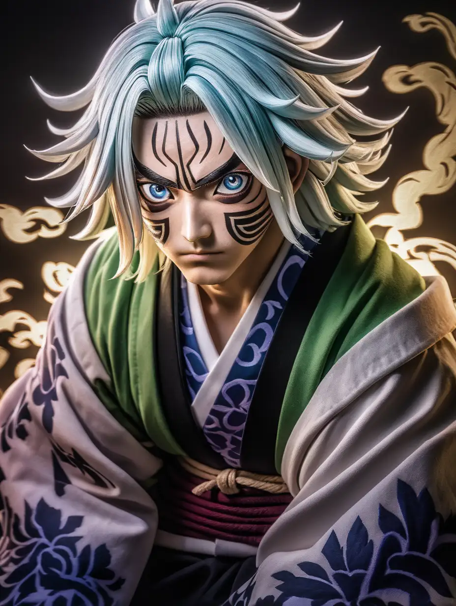 cinematic lighting), Portrait of Sanemi Shinazugawa a character from "Demon Slayer: Kimetsu no Yaiba." He is the Wind Hashira, one of the top-ranked demon slayers, kneel on the floor, intricate details, detailed face, detailed eyes, hyper realistic photography