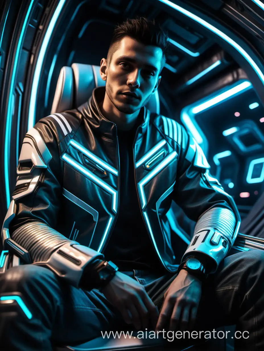 A man is sitting inside a futuristic spaceship, a waist-length portrait, neon stripes on his jacket

Hint; a man is sitting inside a futuristic spaceship in the style of Unreal engine 5, breathtaking portraits, vray, 32k uhd, photorealistic, technopunk,