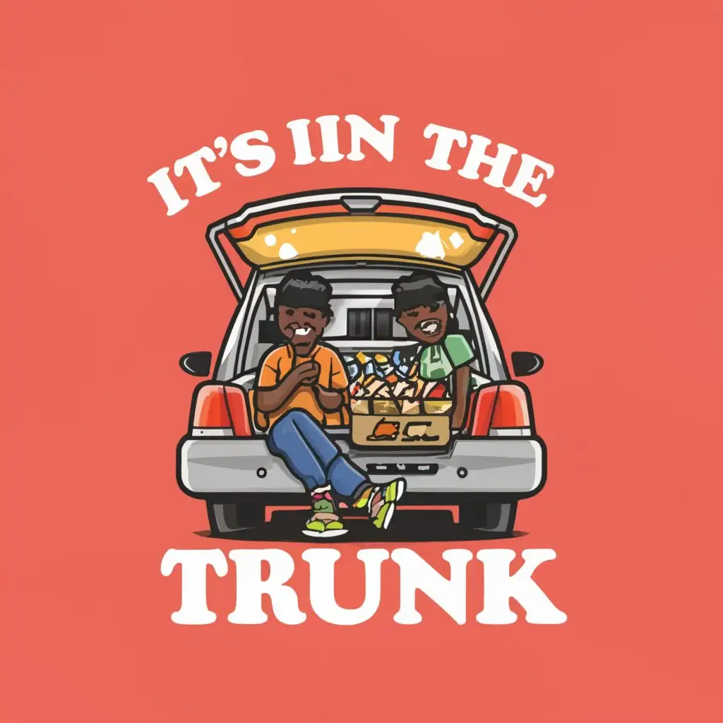 a logo design,with the text "IT'S IN THE TRUNK", main symbol:Two black brothers sitting in a TOYOTA yaris trunk selling fast food,Moderate,be used in Restaurant industry,clear background